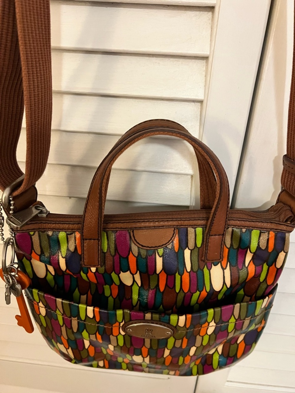 Fossil Calypso Key-Per multi-color feather print coated canvas bag Excellent - Picture 5 of 14